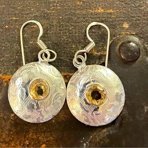 Silver Disc Earrings with a Stripe and Leaf Design and a Faceted Yellow Stone